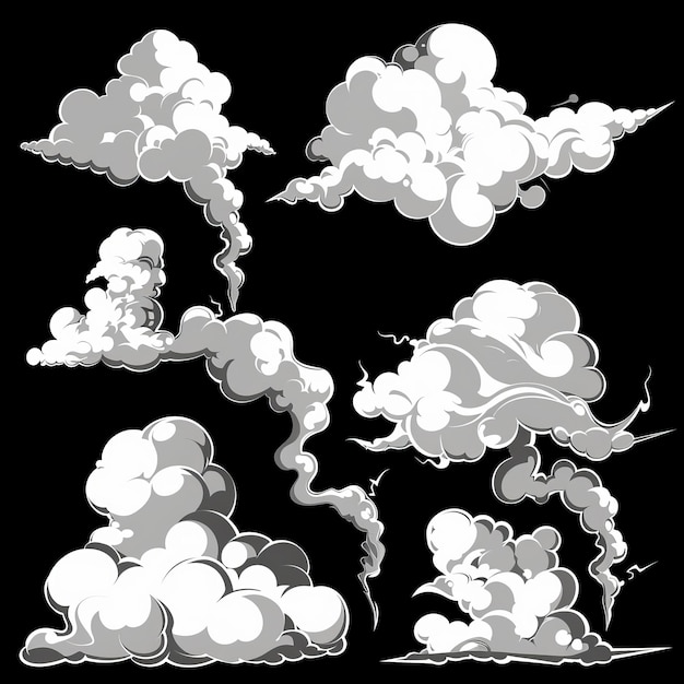 Chmury dymu z komicznymi strumieniami dymu, pył, smog i parzące sylwetki chmur, izolowane nowoczesne ilustracje, wybuch dymu, sylwetka wiatru, parzące chmury komiczne