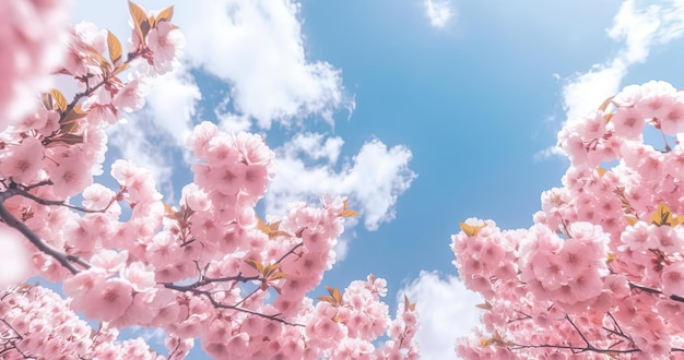 chmury i biel pod błękitnym niebem z jasnoróżowymi wiosennymi kwiatami