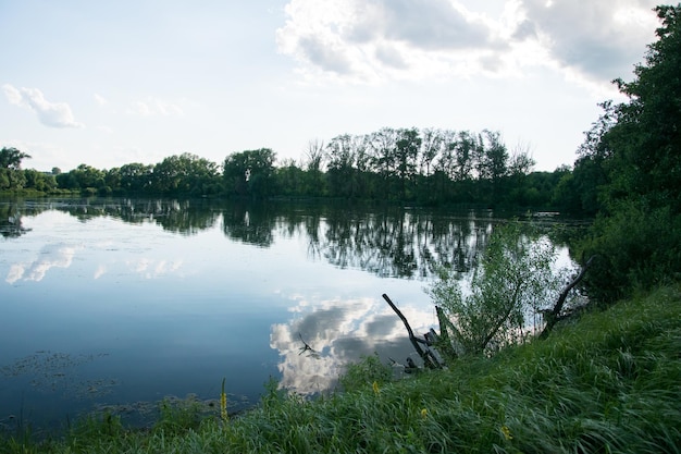 Chmury odbijają się w jeziorze z trawiastymi brzegami i drzewami Uljanowsk Rosja