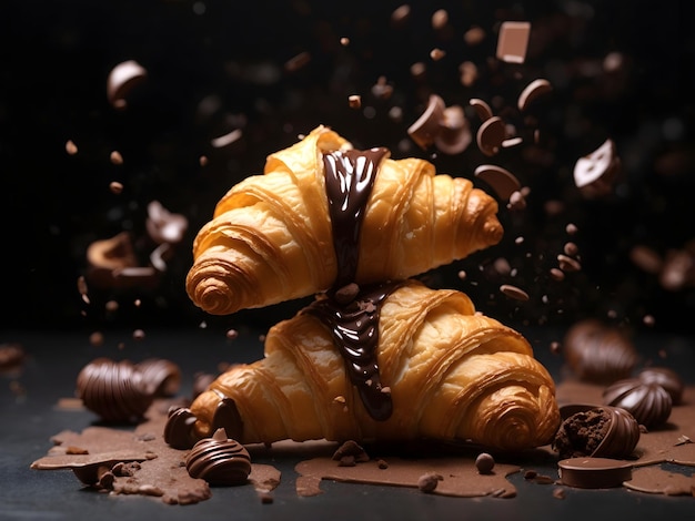 ChocoCroissant Delight spadający w powietrze na czarnym tle