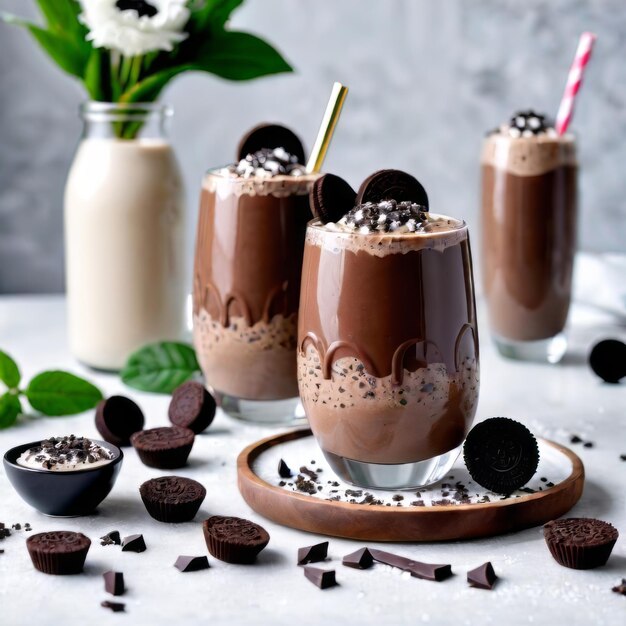 Chocolate Oreo smoothie z rozdrobnionym oreo na białym drewnianym tle