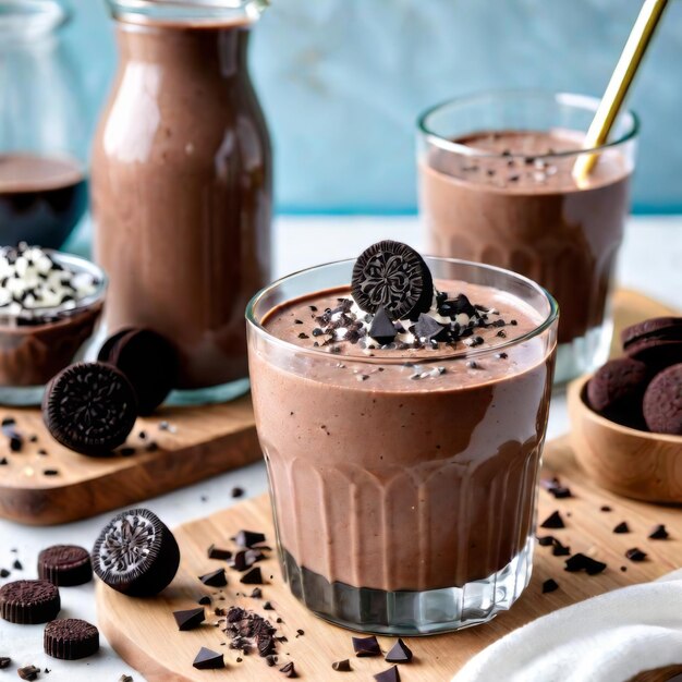 Chocolate Oreo smoothie z rozdrobnionym oreo na białym drewnianym tle