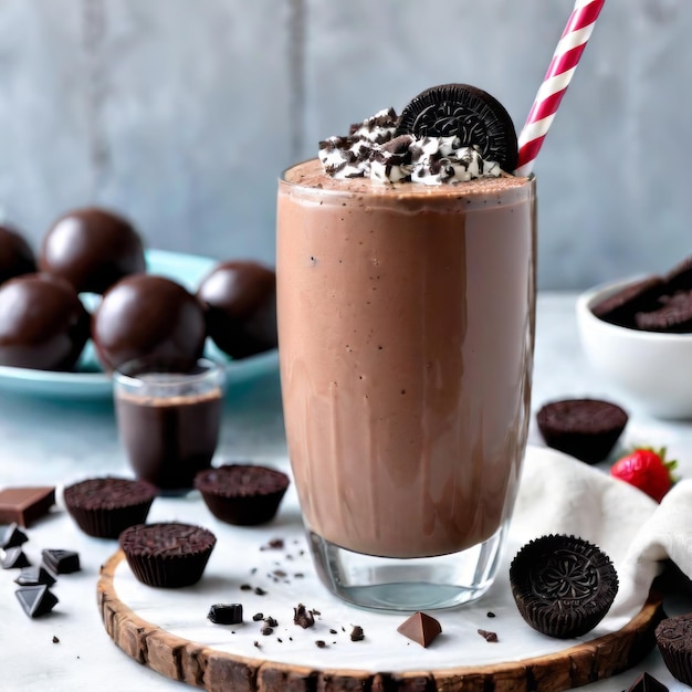 Chocolate Oreo smoothie z rozdrobnionym oreo na białym drewnianym tle