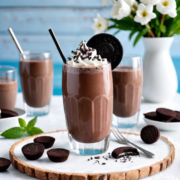 Chocolate Oreo smoothie z rozdrobnionym oreo na białym drewnianym tle