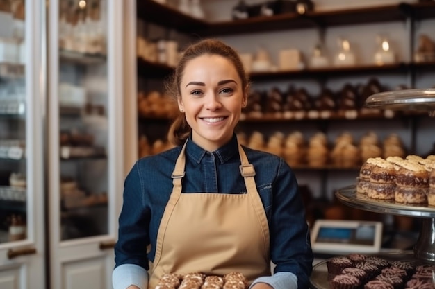 chocolatier znana stojąca w jej sklepie ramionami skrzyżowanymi patrząc do kamery