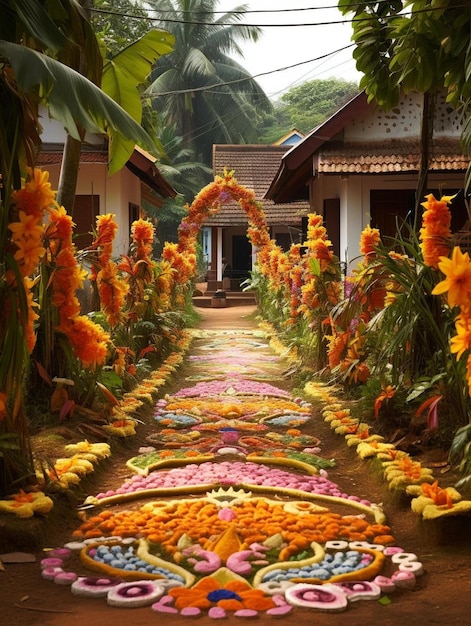 Zdjęcie chodnik pokryty kwiatami jest otoczony kwiatami i drzewami.