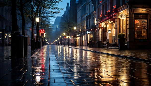 chodnik w nocy po deszczu z mokrymi ulicami