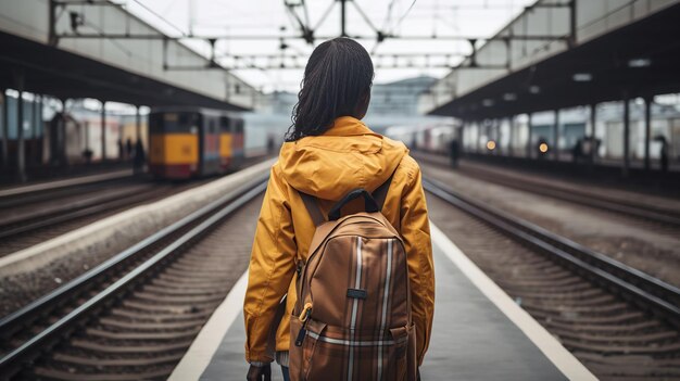 Chodząca Afrykańska kobieta na dworcu kolejowym przed jej podróżą między dwoma pociągami autostradowymi czekającymi na wyjazd na peronie wewnątrz magazynu kolejowego generatywny ai