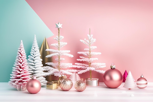 Choinka i dekoracje piękne pastelowe różowe i złote tło świąteczne