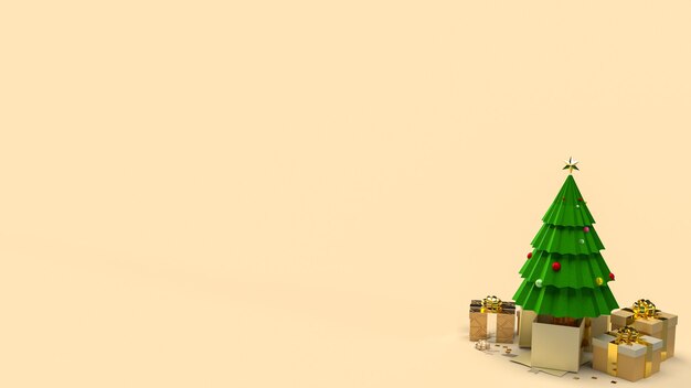 Choinka i pudełko na prezenty na świętowanie lub świąteczną koncepcję renderowania 3d