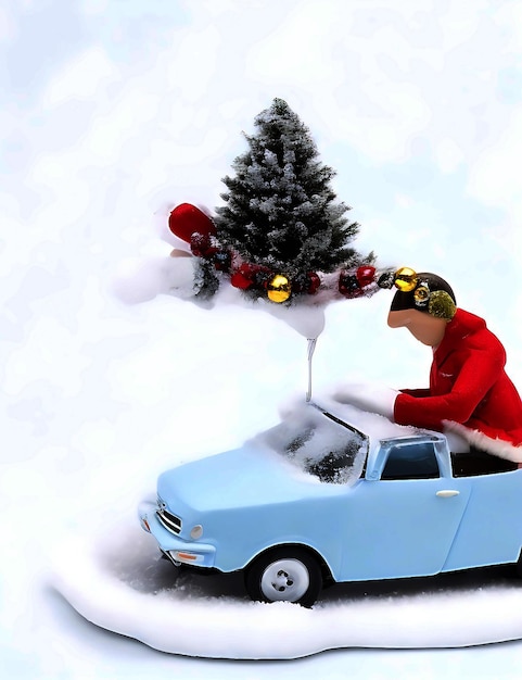 Choinka na tle retro czerwony samochód zabawka dekoracji wakacje zimowe wygenerowane przez sztuczną inteligencję