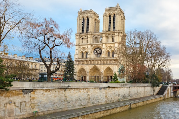 Choinka przed główną fasadą zachodnią katedry Notre Dame de Paris, Francja