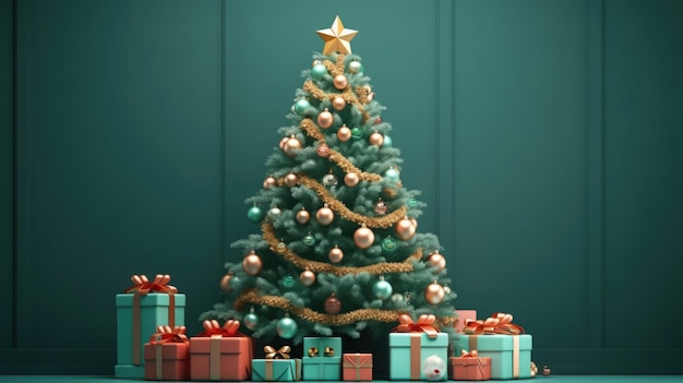 Choinka sylwestrowa ozdobiona bombkami i girlandami noworocznymi we wnętrzach z prezentami