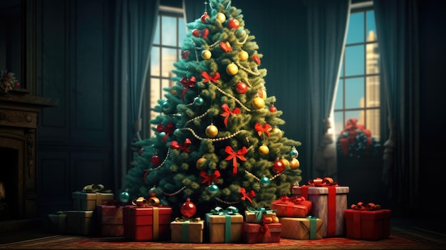 Choinka sylwestrowa ozdobiona bombkami i girlandami noworocznymi we wnętrzach z prezentami