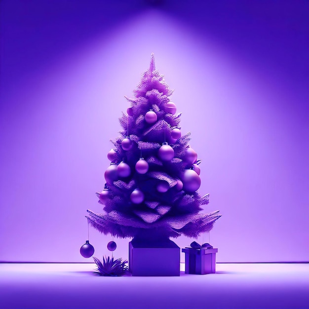 Choinka z pudełkiem prezentowym i ozdobami w kolorze fioletowym lub fioletowym do nowoczesnego pokazu scenicznego i minimalistycznej makiety