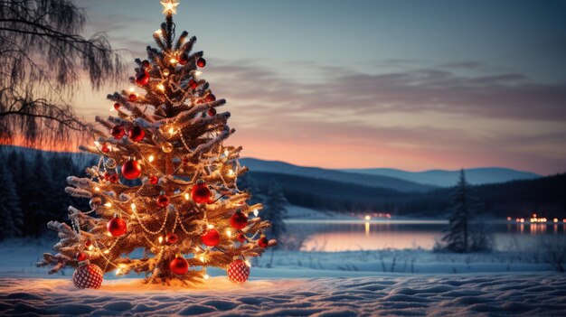 Choinka ze światłami w zimowym lesie ze śniegiem w mroźną noc bożonarodzeniową Piękny krajobraz zimowych wakacji