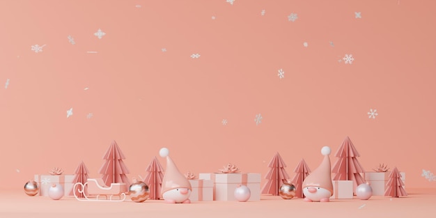 Choinki w zaspach śniegu świąteczny realistyczny 3d nowy rok skład Miękki pastelowy kolor różowy biały Boże Narodzenie minimalne abstrakcyjne tło Świąteczna kartka z życzeniami transparent 3d renderowanie ilustracji