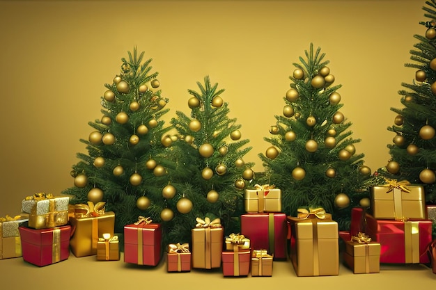 Choinki ze złotymi pudełkami na prezentach na zielonym tle świąteczna kartka grettingowa świąteczne wakacje merru