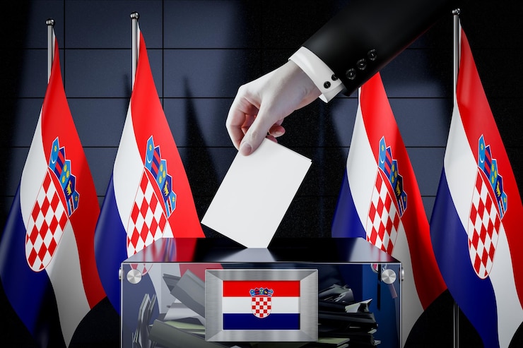 Zdjęcie chorwacja flagi ręcznie upuszcza kartę do głosowania w polu głosowania koncepcja wyborów ilustracja 3d