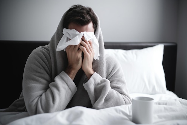 Chory mężczyzna w masce medycznej czuje zimno i cierpi na chorobę wirusową i gorączkę w łóżku koronawirus