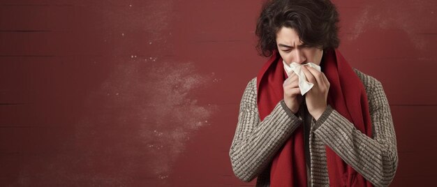 Zdjęcie chory młody człowiek kicha w chusteczce, dmucha, wyciera, biega nosem, chory, alergik, przeziębił się.