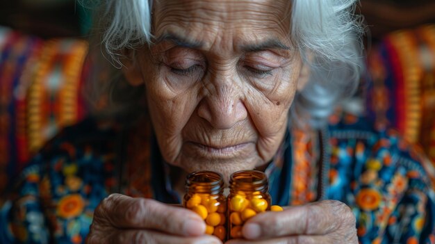 Chorza starsza kobieta wylewa kapsułki z butelki z lekami, aby wziąć jej środek przeciwbólowy, suplement lekarstwa dla starszych osób starszych, koncepcja leczenia farmaceutycznego, widok z bliska