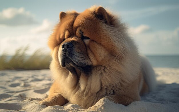 Chow Chow siedzi na plaży profesjonalny post reklamowy zdjęcie ai generowane