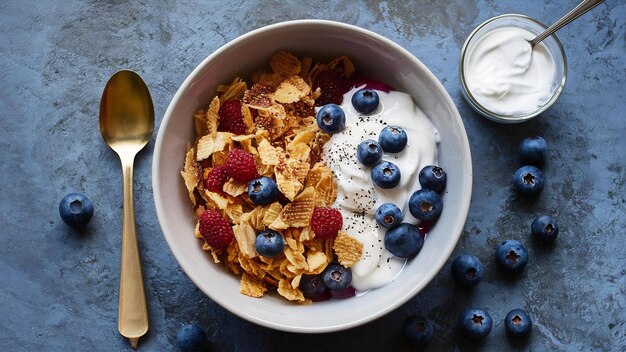 Chrapliwe płatki z jagodami i różnymi jogurtami na zdrowe śniadanie