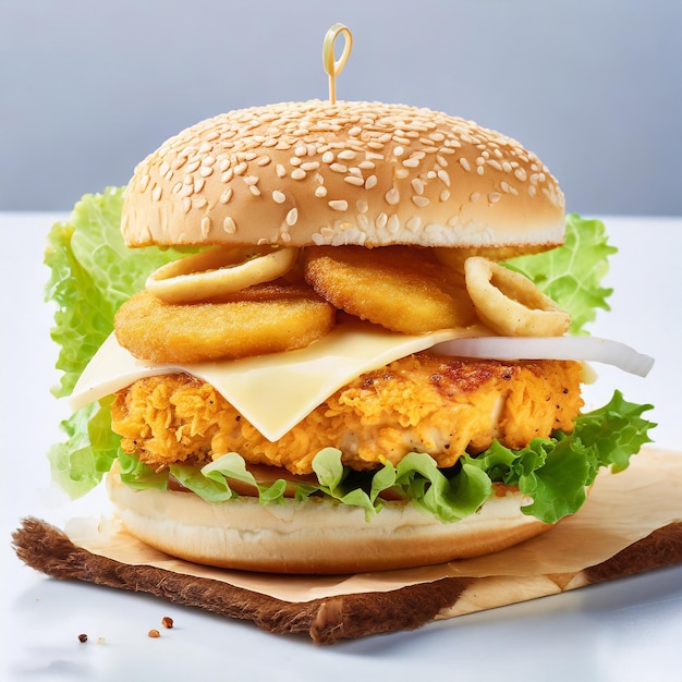 Zdjęcie chrispy cheesy chicken patty burger z frytkami i dipami