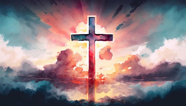 Zdjęcie christian easter konceptualny symbol religijny na kolorowym niebie o zachodzie słońca generacyjna ai