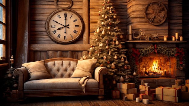 christmas interior design Choinka z prezentami i świecami w tle Generative AI ilustrator