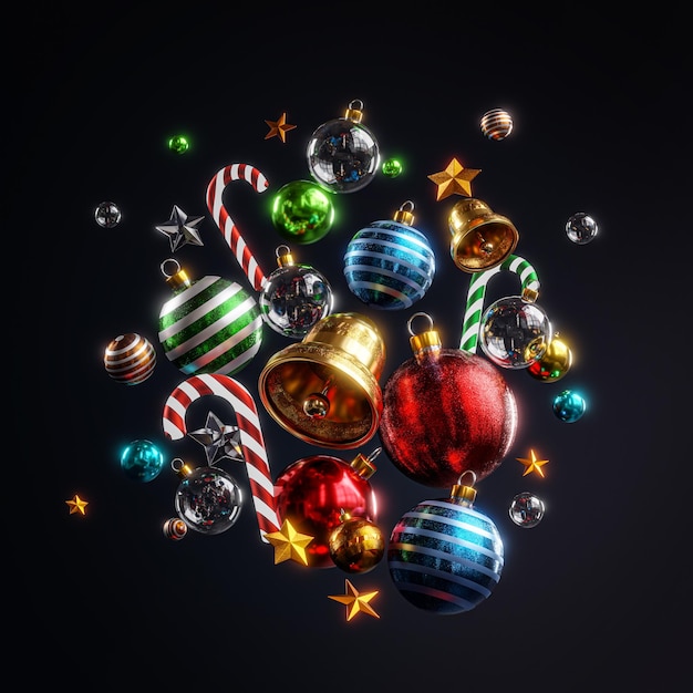 Christmas Stick Bell Candy Stars Ball Obiekt szklany Ozdoby Ciemne Pomarańczowe Tło Renderowania 3D