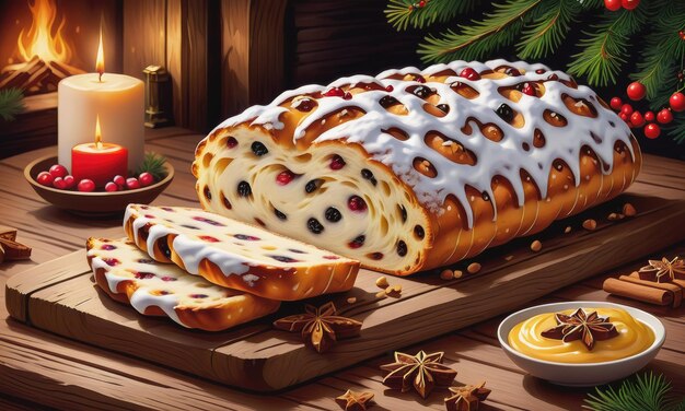 Zdjęcie christmas stollen tradycyjny niemiecki deser świąteczny na drewnianym tle