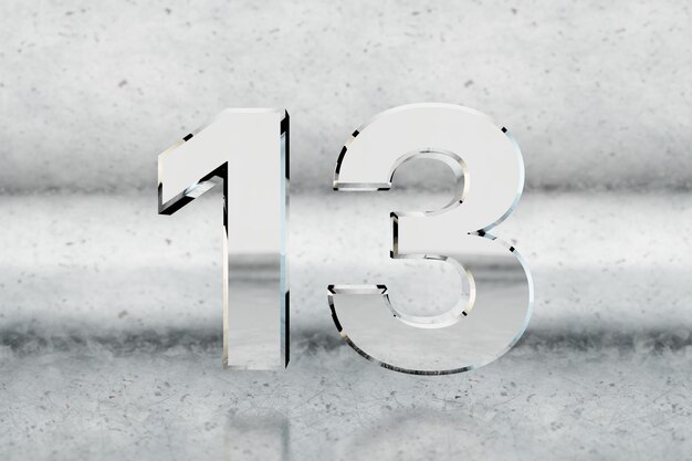 Zdjęcie chrom 3d numer 13. błyszczący chromowany numer na porysowanym tle metalu. cyfra metaliczna ze studyjnymi refleksami światła. renderowania 3d.