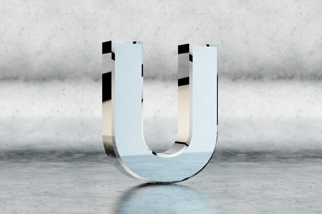 Chrome 3d wielkie litery U. Błyszczący chrom list na porysowanym tle metalu. Metaliczny alfabet z odbiciami światła studyjnego. 3D renderowany znak czcionki.