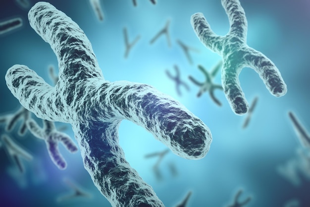 Chromosomy na tle naukowym Koncepcja naukowa medycyny życia i biologii z efektem ostrości renderowania 3d