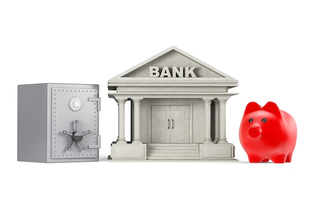 Zdjęcie chroń koncepcję pieniędzy. skarbonka, sejf i budynek bankowy na białym tle