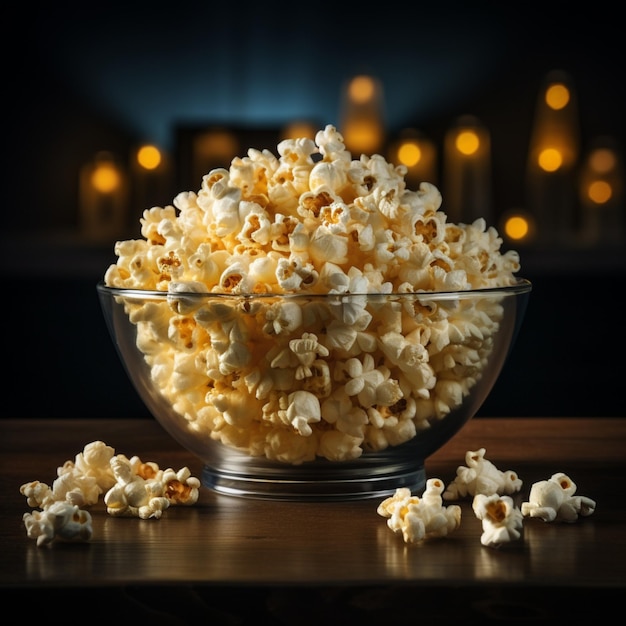 Chrupiący popcorn w szklanej misce gotowy do oglądania telewizji