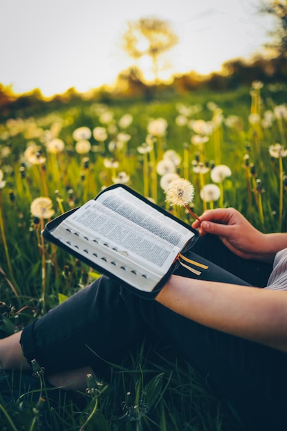 Chrześcijańska kobieta trzyma Biblię w rękach Czyta Świętą Biblię na polu podczas pięknego zachodu słońca Koncepcja wiary duchowości i religii Pokój nadzieja