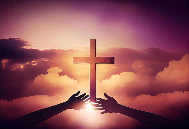 Chrześcijańska koncepcja kultu ręka w rękę nad krzyżem na duchowym tle nieba Wygeneruj Ai