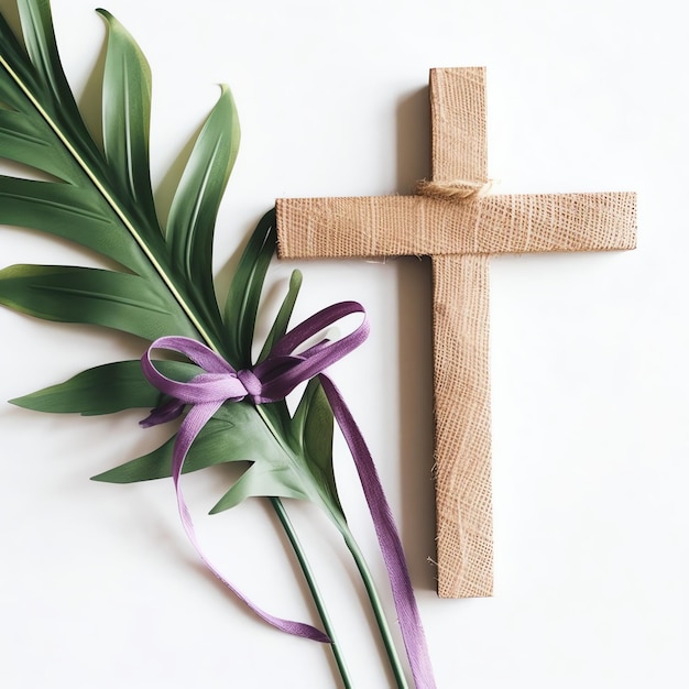 Zdjęcie chrześcijański drewniany krzyż krzyżowy z zielonymi liśćmi palmowymi jako święto religijne