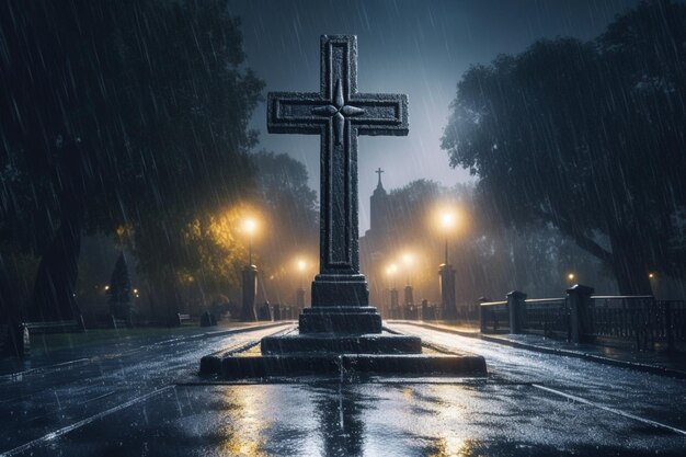 Zdjęcie chrześcijański kamienny krzyż w deszczu generatywna sztuczna inteligencja