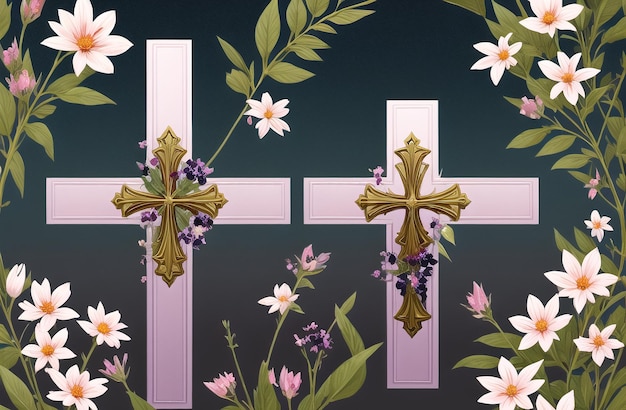 Chrześcijański Krzyż na środku pola kwiatowego Wielki Piątek Niedziela Palmowa Koncepcja Ai Wygenerowano