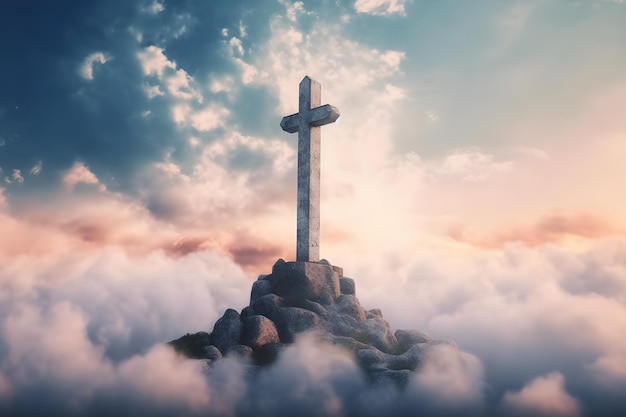 Chrześcijański krzyż na tle nieba Chrześcijańska koncepcja Nadzieja i wolność Boga Jezus Generatywna sztuczna inteligencja