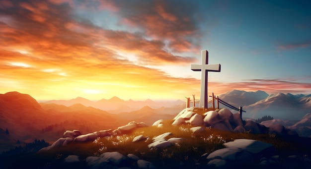 Chrześcijański krzyż na wzgórzu o zachodzie słońca generowany przez sztuczną inteligencję