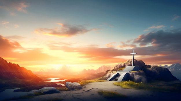 Chrześcijański krzyż na wzgórzu o zachodzie słońca generowany przez sztuczną inteligencję