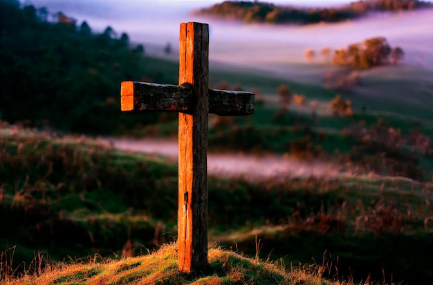 Zdjęcie chrześcijański krzyż na wzgórzu w mglistej pogodzie chrześcijański krzyż w przyrodzie generative ai
