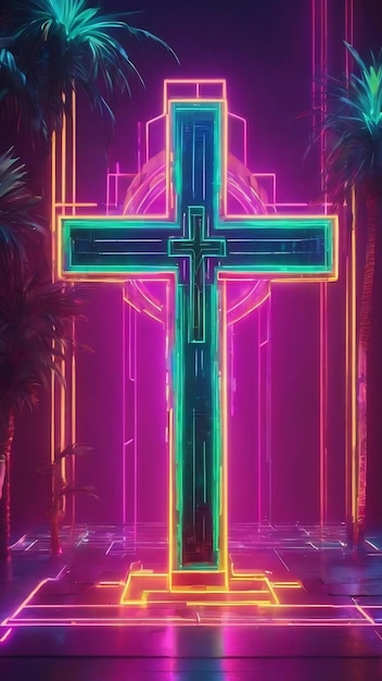 Chrześcijański neonowy krzyż futurystyczny abstrakcyjny cyberpunk Palm Sunday dobry piątek koncepcja ai generowana