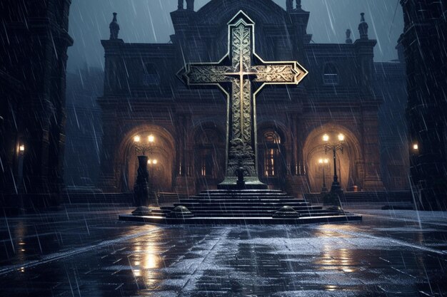 Zdjęcie chrześcijański pomnik krzyża w deszczu generatywna sztuczna inteligencja
