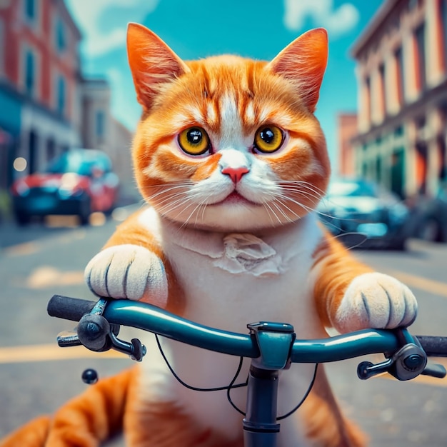 Zdjęcie chubby ginger kot na rowerze trzymający kota